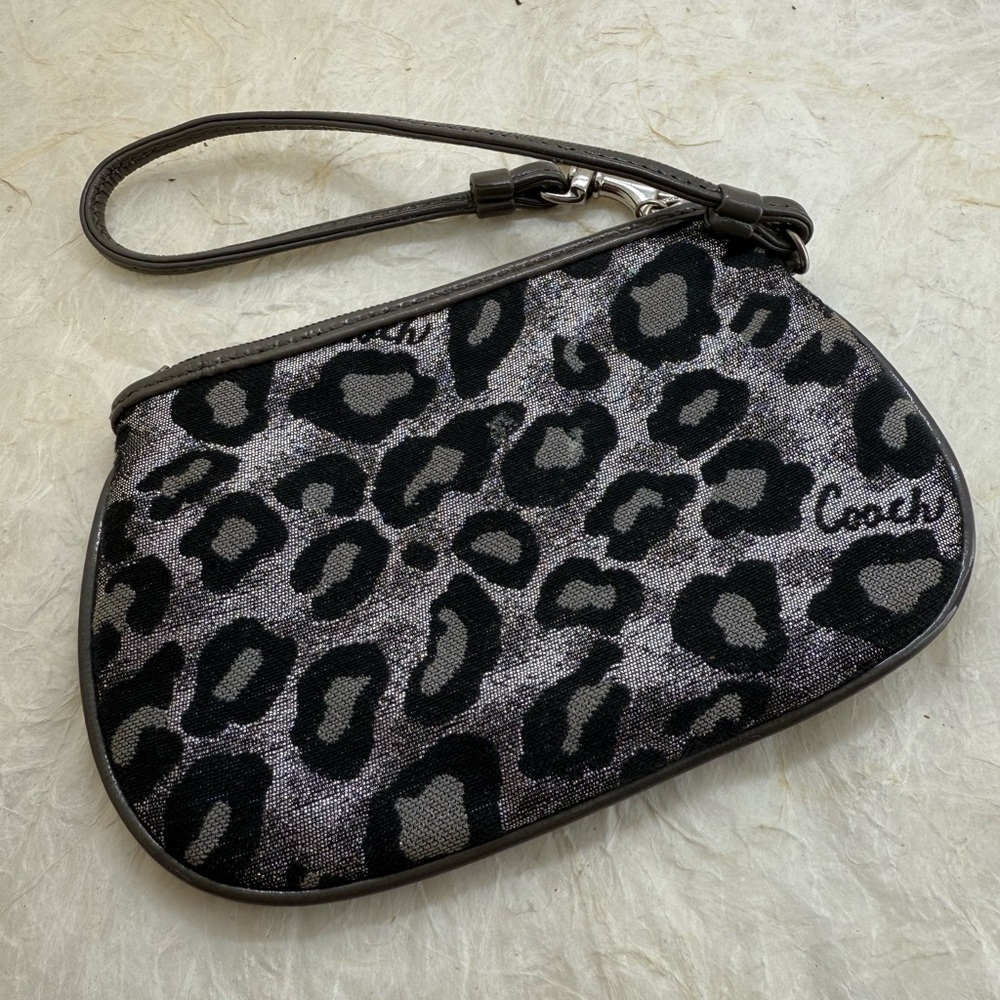 Coach Black & Silver Ocelot Leopard Print Zipper Wristlet Small Bag